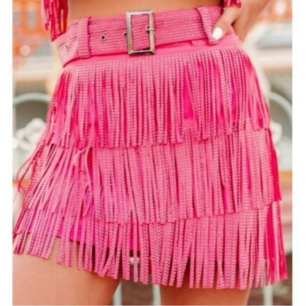 Vibrant Pink Fringe Mini Skirt